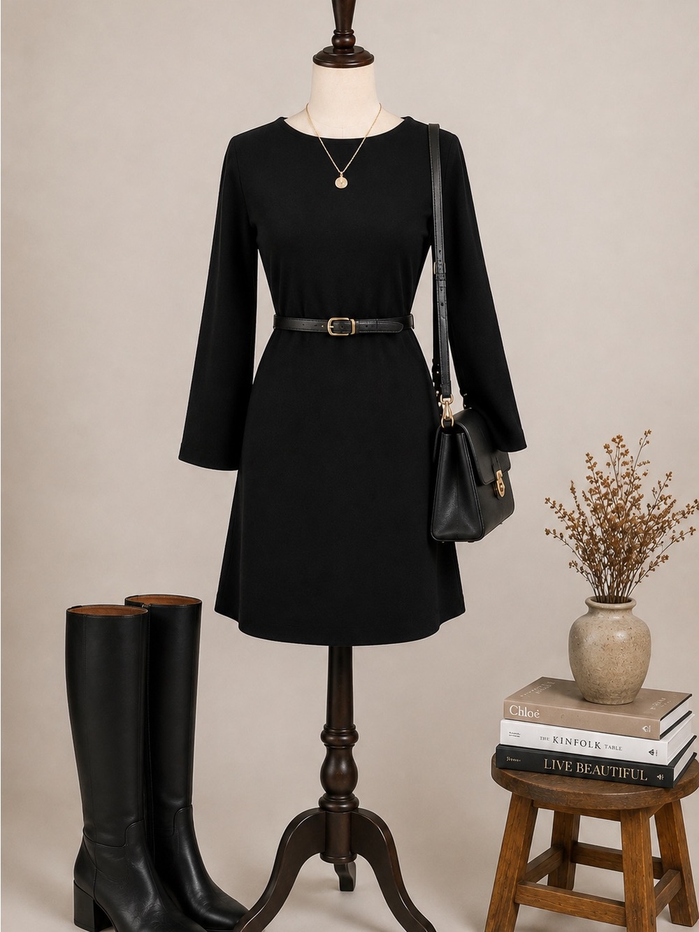 J. Jill J Jill 100% Wool Long Sleeve Mini Shift Knit Dress Black Classic Retro M